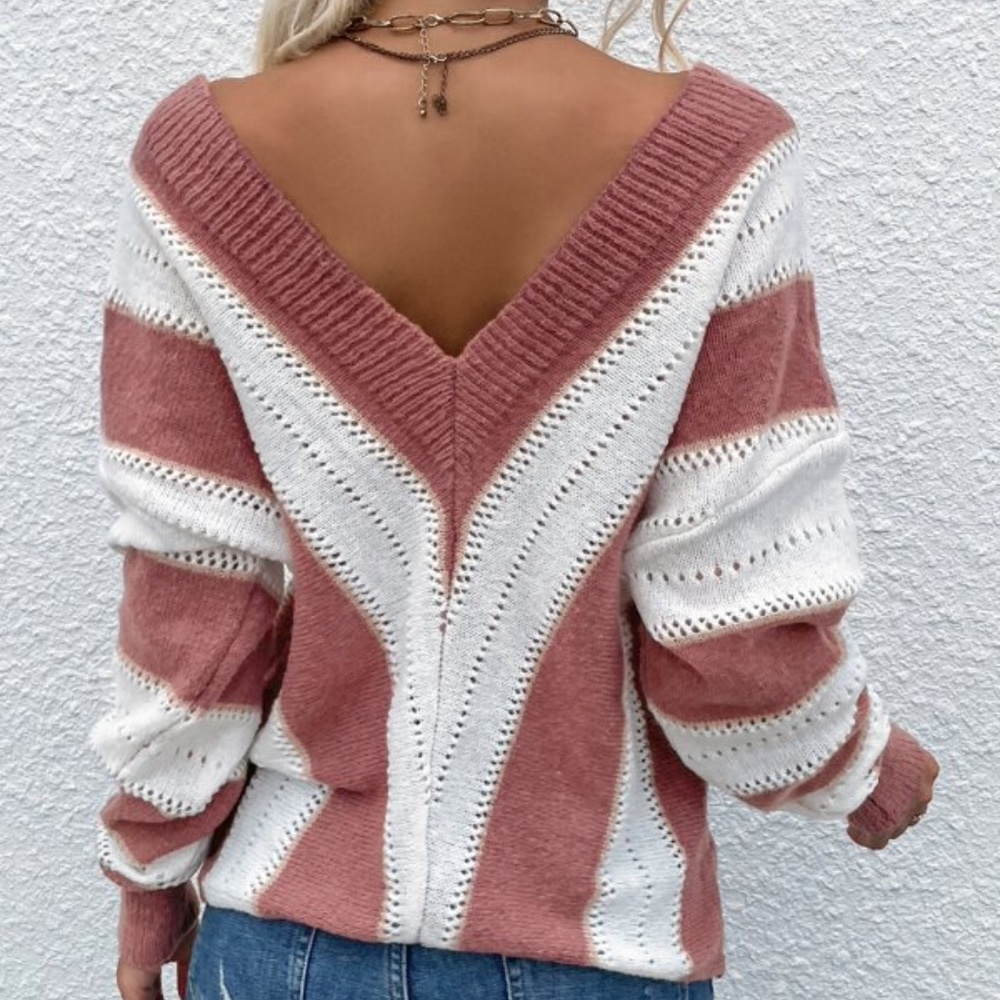 Cozy Dark Pink Stripes Oversized Knit Sweater Top - Picture 3 of 5